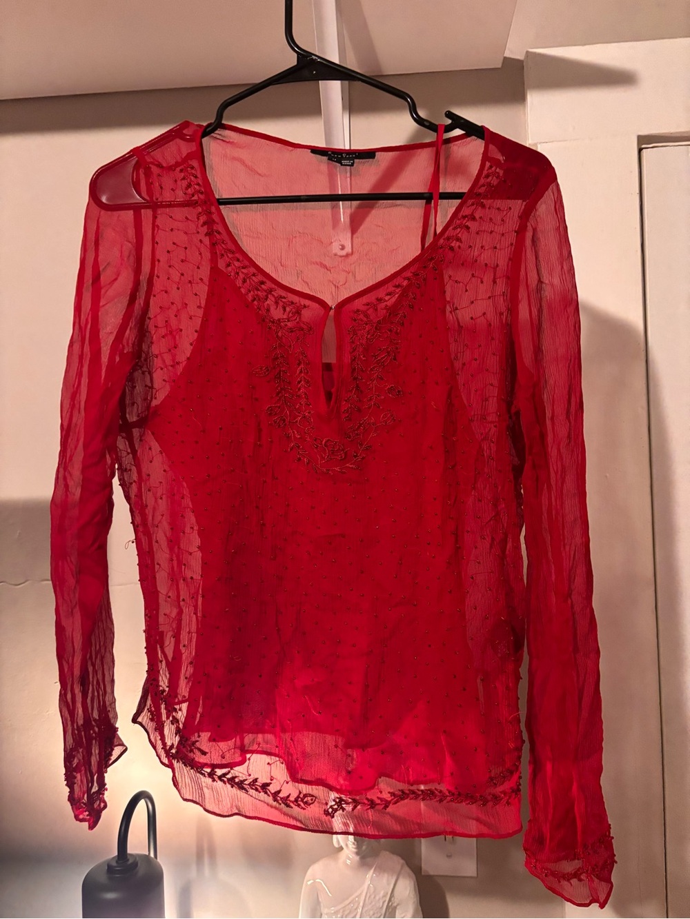 ECI Red Sheer Embroidered Long-Sleeve Blouse